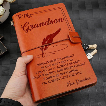 Grandma To Grandson - Enjoy The Ride - Engraved Leather Journal Notebook