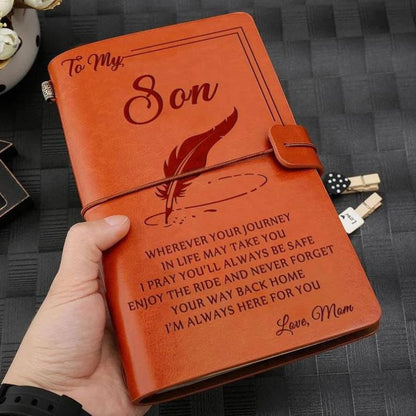 Mom To Son - Enjoy The Ride - Engraved Leather Journal Notebook