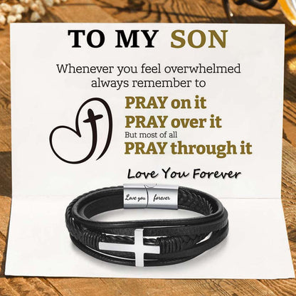 To My Son Pray Through It Leather Cross Bracelet - Card030