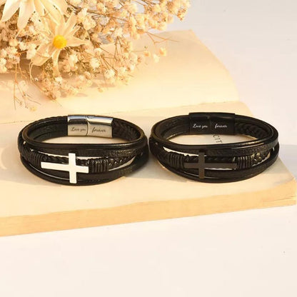 To My Son Pray Through It Leather Cross Bracelet - Card050